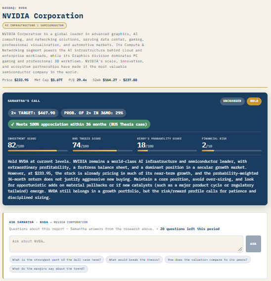 Ask Samantha research report on NVIDIA showing Samantha's Call, investment scores, and a follow-up question box